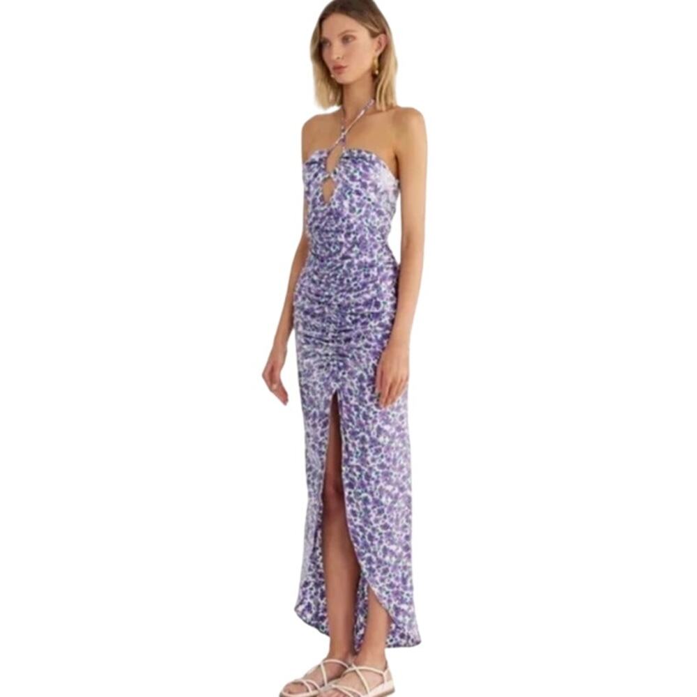 NWT Rumer Soraya Maxi Dress Women's Size XS Lilac Floral Satin Ruched Halter - Picture 3 of 11